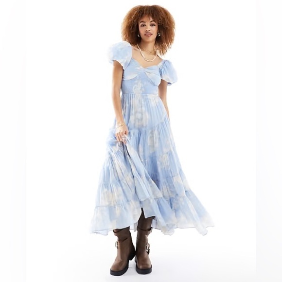 Free People Sundrenched Short-Sleeve Floral Maxi Dress Sky Blue Puff Sleeve - Picture 15 of 16